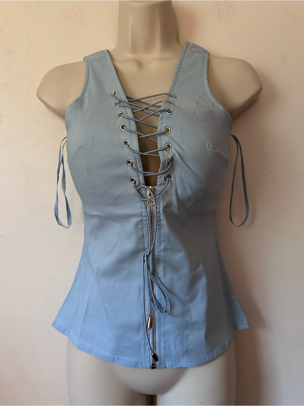 Light Blue Lace-Up Front Women's Top